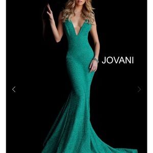 Jovani Emerald Teal Sparkle Plunging Mermaid Gown